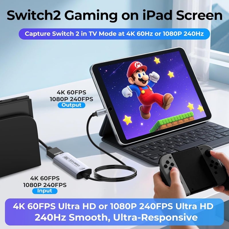 Guermok Switch Capture Card, Stream and Record in 4K@60FPS, 1080P@240FPS, 3.3ft, USB3.0 HDMI to USBC Video Capture Card for Streaming, Works with iPad, Switch 2/1, PS5/4, Quest 3/Mac/PC/OBS/Xbox - Image 2